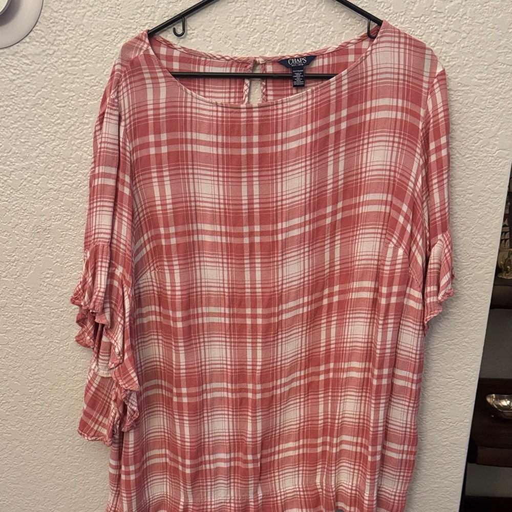 Chaps Coral Pink Plaid Ruffle-Sleeve Blouse - Picture 1 of 3